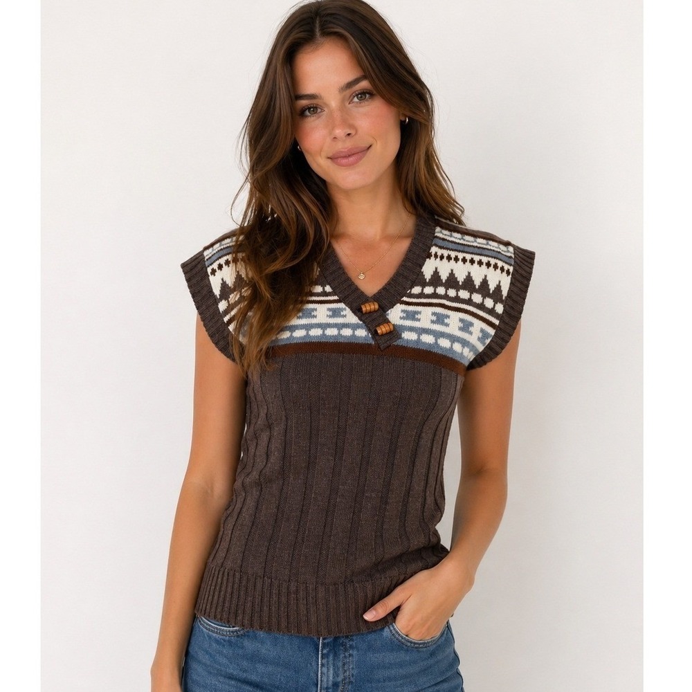 Vintage LEAP Women's Brown Fair Isle Knit V Neck Sleeveless Sweater Vest